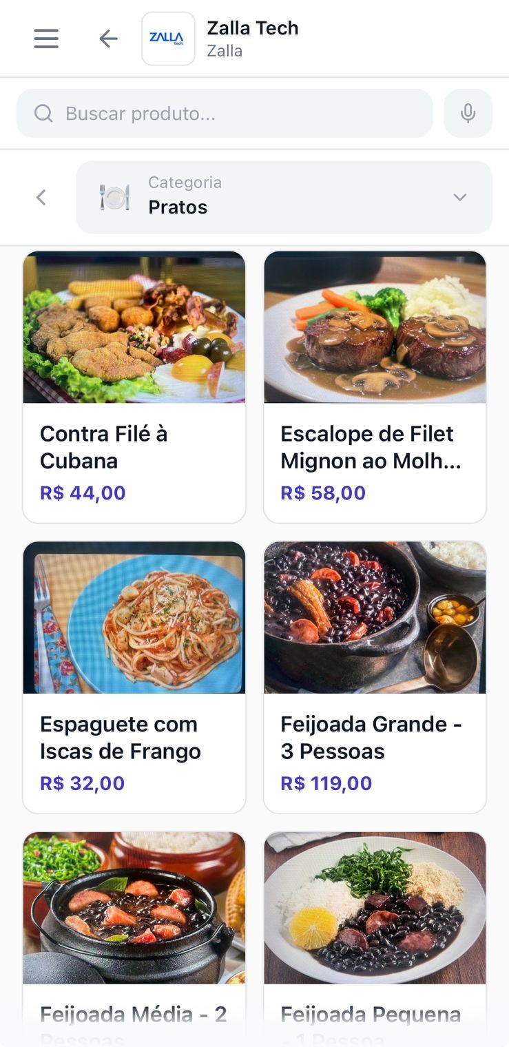 Tela do cardápio com produtos e fotos
